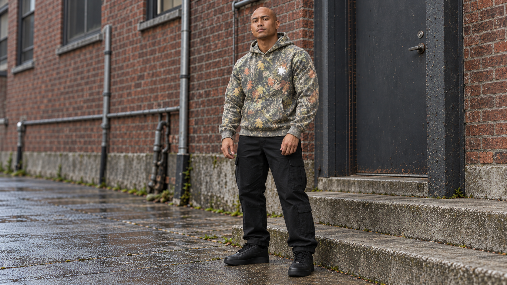 Vintage Wood Camo hoodie worn by a model on brick steps